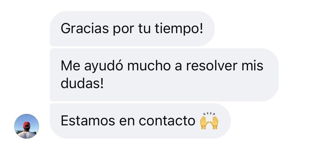Mensaje de Instagram: ¡Gracias por tu tiempo! Me ayudó mucho a resolver mis dudas. Estamos en contacto 🙌