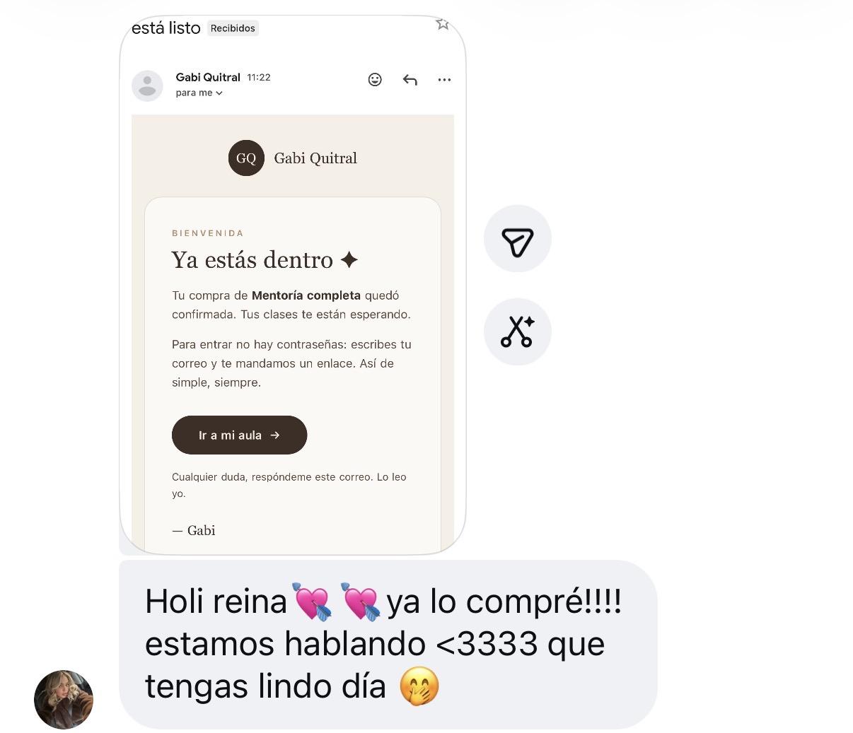 Mensaje de Instagram: Holi, reina 💘💘 Ya lo compré. Estamos hablando <3333. Que tengas lindo día 🤭